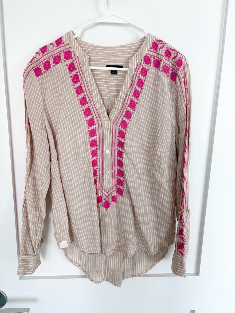 J.Crew 100% linen Embroidered Tunic Blouse Beige Stripe Pink Floral Boho- medium